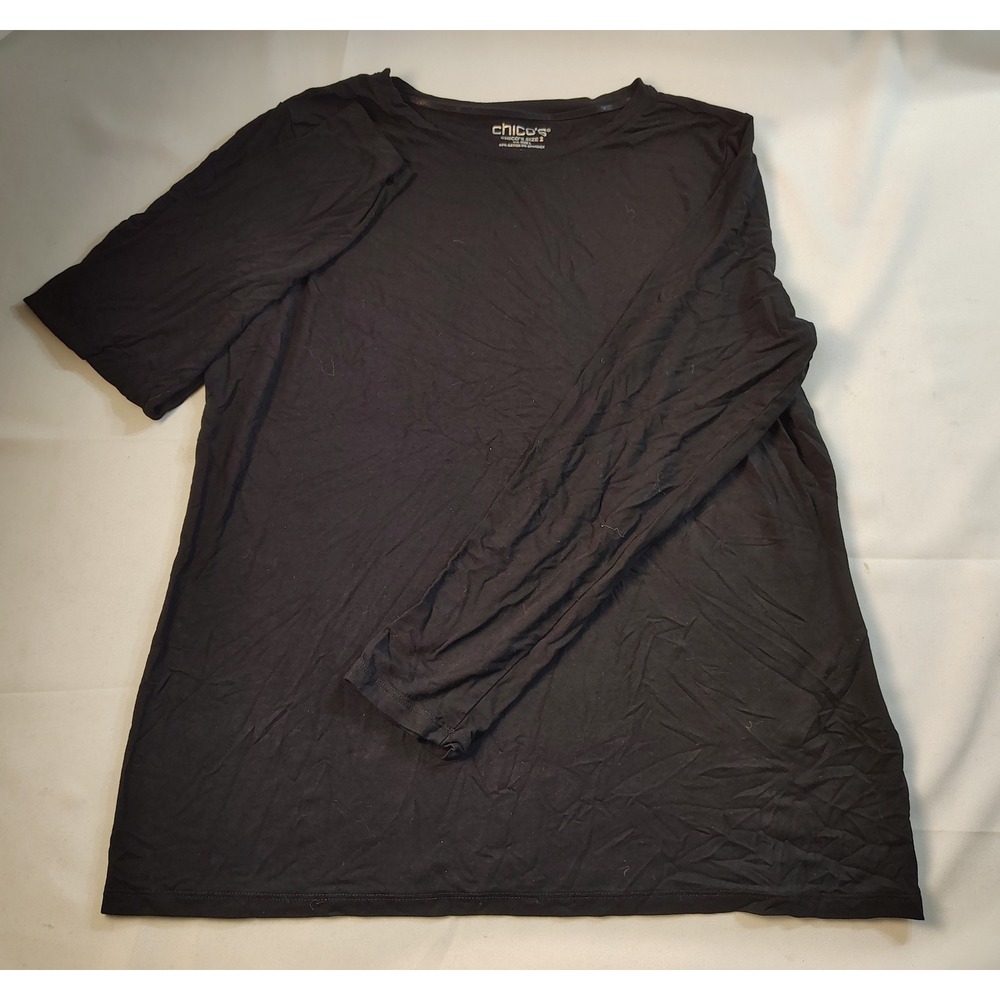 Boho Chic Chico's Blck Long Sleeve Crew Neck Rayon Spandex Strtch Basic Top Sz 2